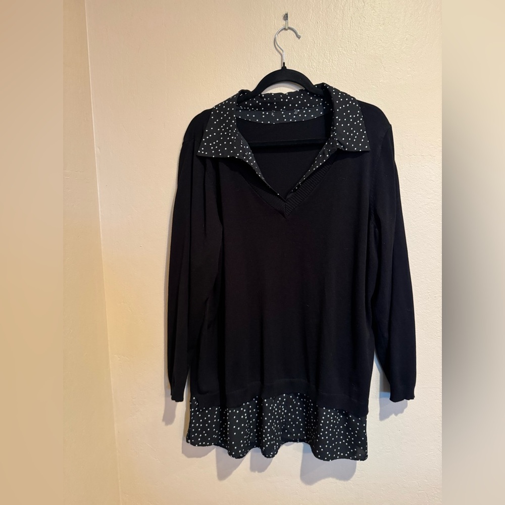 Preppy Black Sweater with Attached Flowy Polkadot Blouse